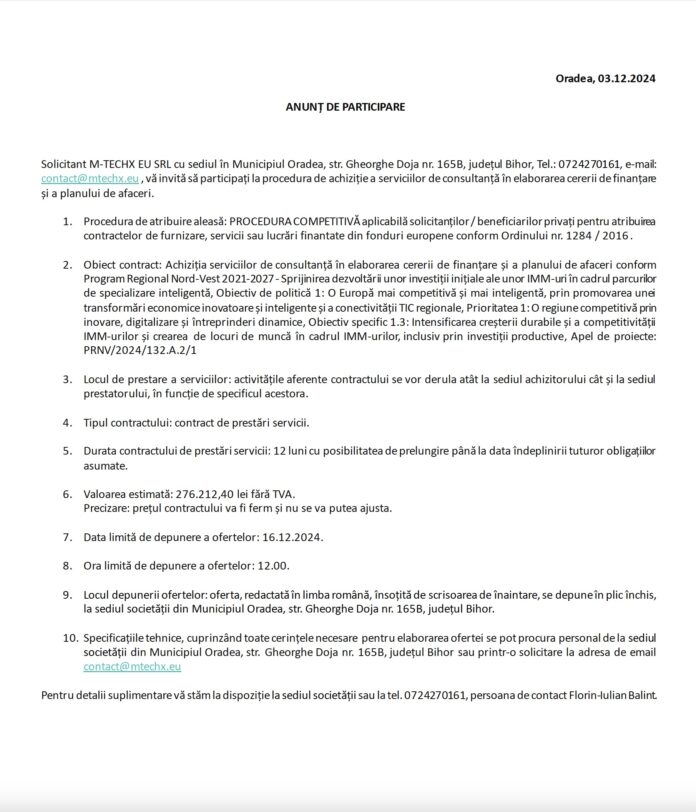 anunț de participare M-TECHX EU