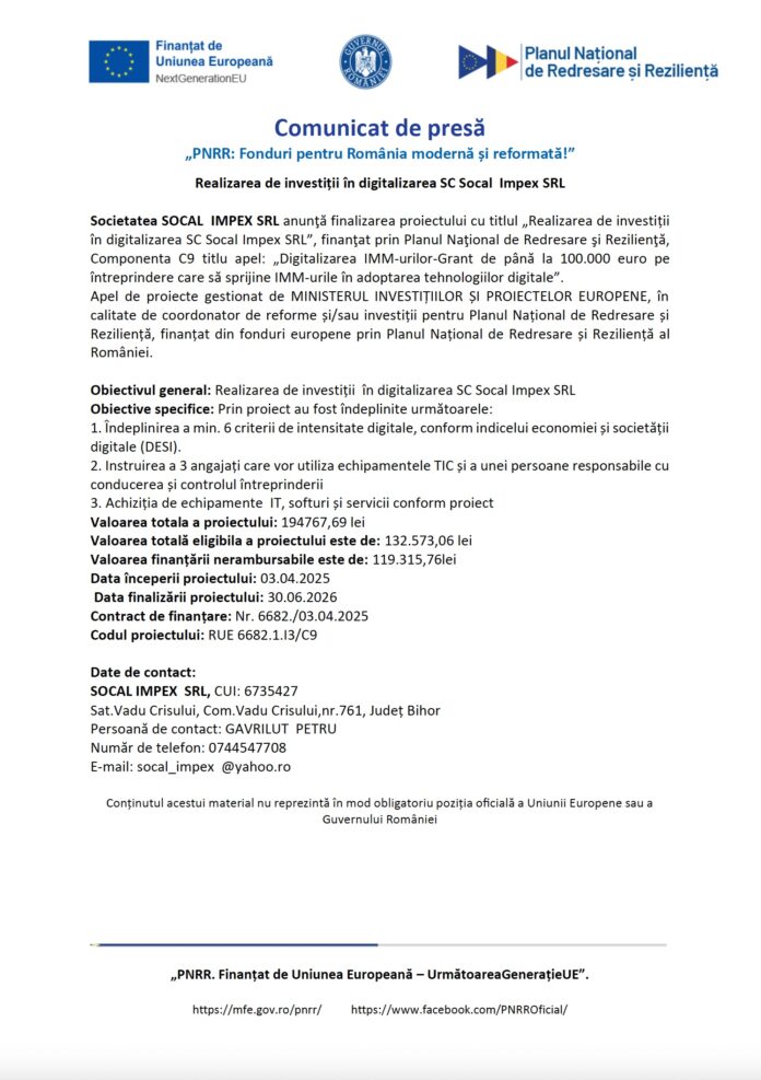 anunț finalizare proiect SOCAL IMPEX SRL