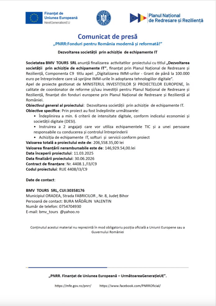 comunicat de presă finalizare proiect BMV TOURS SRL