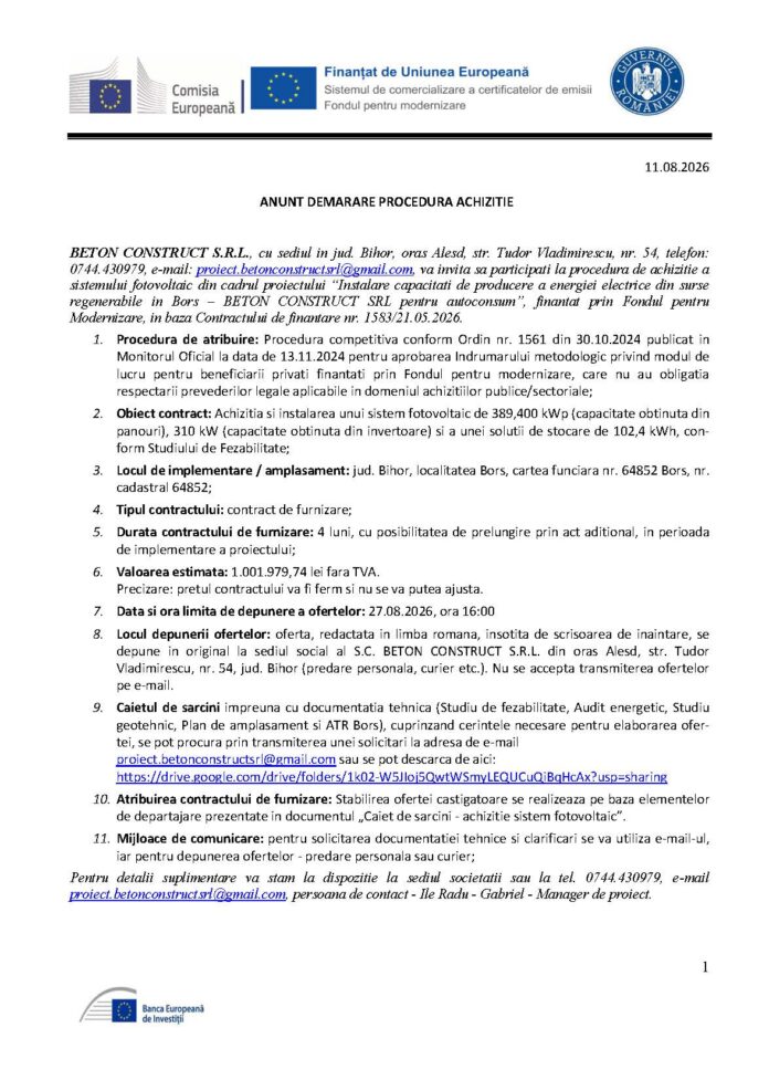 Anunț achiziție sistem fotovoltaic BETON CONSTRUCT
