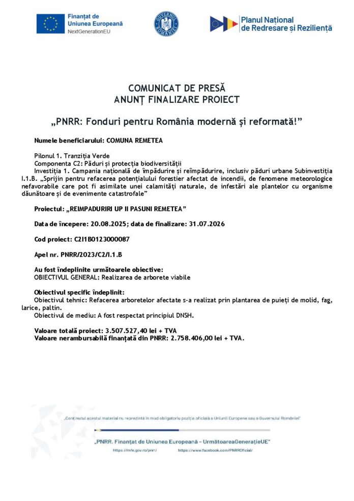Comunicat de Presa - Finalizare proiect C2-087
