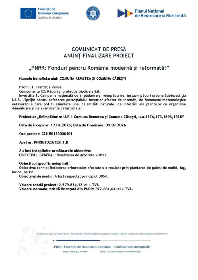 Comunicat de Presa - Finalizare proiect C2-101