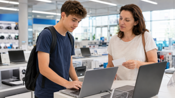 Elev și părinte alegând un laptop prin programul Euro 200