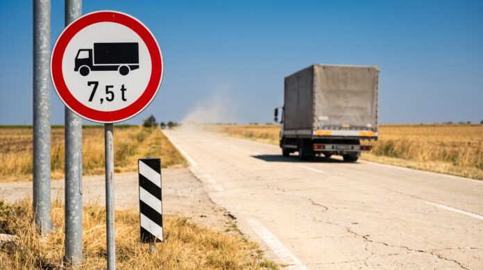 restrictie-7-5-tone-drum-judetean-bihor Semn de restricție 7,5 tone pe un drum județean din Bihor, cu un camion în depărtare, pe caniculă — imagine ilustrativă generată cu AI