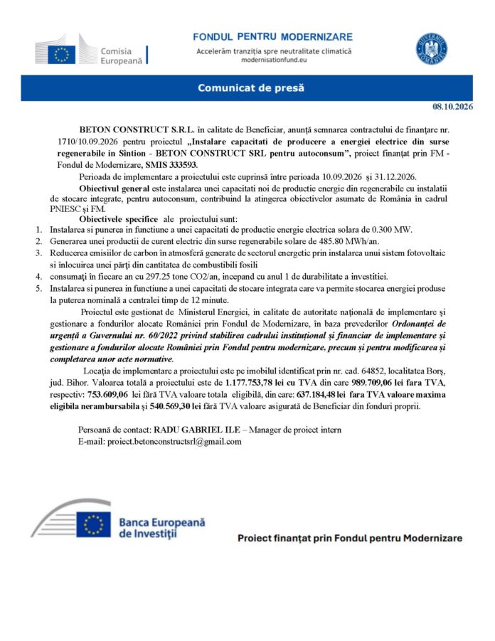 Comunicat de presa lansare proiect BETON CONSTRUCT