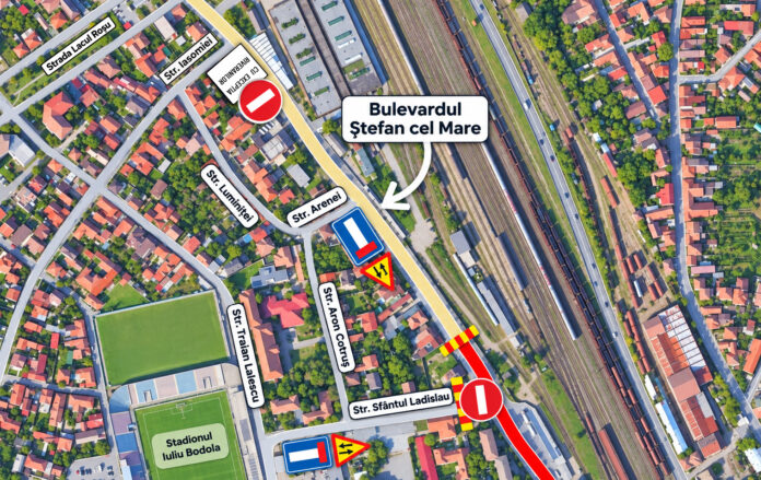 Restricții de circulație în Oradea: sensul giratoriu provizoriu de pe Bulevardul Ștefan cel Mare, închis pentru lucrări edilitare